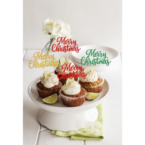Merry Christmas Cupcake Toppers Set - Pattern C, 24 Holiday Cake Picks