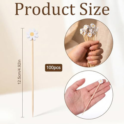 100pcs Bamboo Flower Toothpicks with White Daisy Design for Food & Party Decor