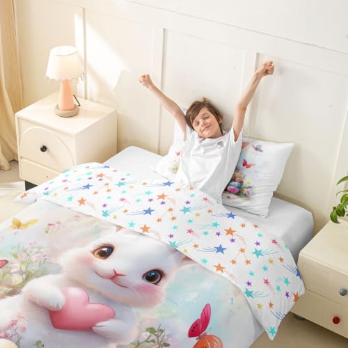 Watercolor White Bunny Duvet Cover Set Twin Size - No Comforter