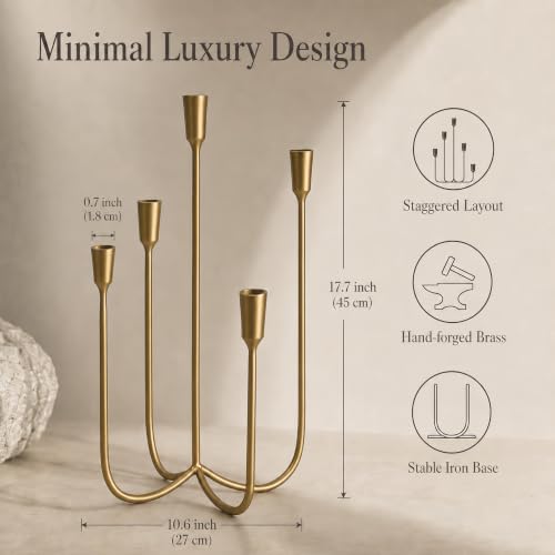 Gold 5 Arm Candelabra Candle Holder - Metal Taper Candle Stand