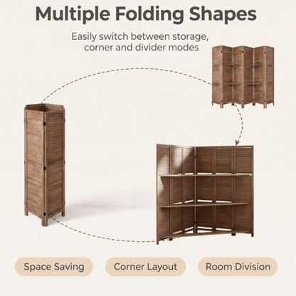 6 Panel Room Divider with Shelves - 67" H Brown, 360° Hinges, Freestanding Privacy Screen - Variation: Brown 6 Panel