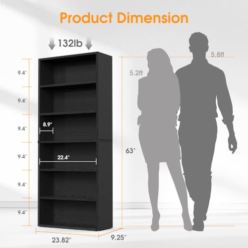 6-Tier Bookcase - 63 Inch Tall Open Bookshelf in Modern Black - DUMOS