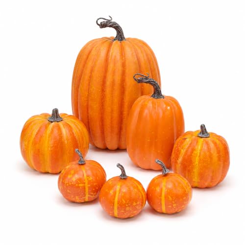 7-Piece Artificial Pumpkins Set for Fall Harvest Decor - Rustic Autumn Decorations