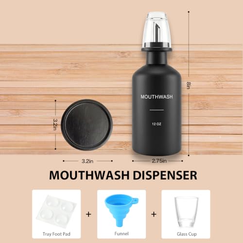 Glass Mouthwash Dispenser Set Black with Reusable Cup & Bamboo Nozzle - 350ml