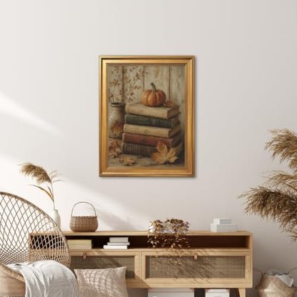 Autumn Cozy Wall Art Canvas Print Pumpkin Books Rustic Frame 8x10inch