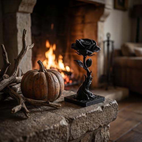 Gothic Black Resin Rose Sculpture with Skeleton Key - Dark Home Decor