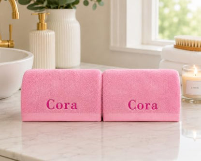 Personalized Turkish Cotton Wash Towels Set of 2 - Pink Initials & Name