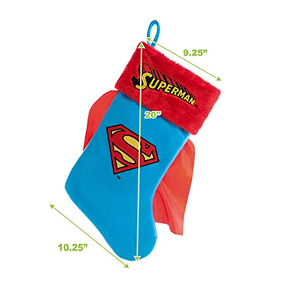 Superman Logo Christmas Stocking 20 Inch Applique Holiday Decor Blue with Cape - Gift Holder