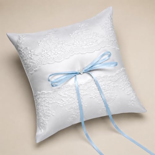 Wedding Ring Pillow with Blue Bow & Lace - 7.9 x 7.9 Inch