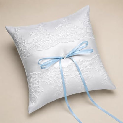 Wedding Ring Pillow with Blue Bow & Lace - 7.9 x 7.9 Inch