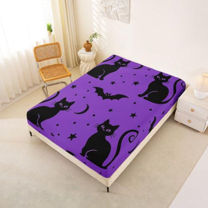 Halloween Black Cat Moon Fitted Sheet Queen Size with 2 Pillowcases - Spooky Bedding Set