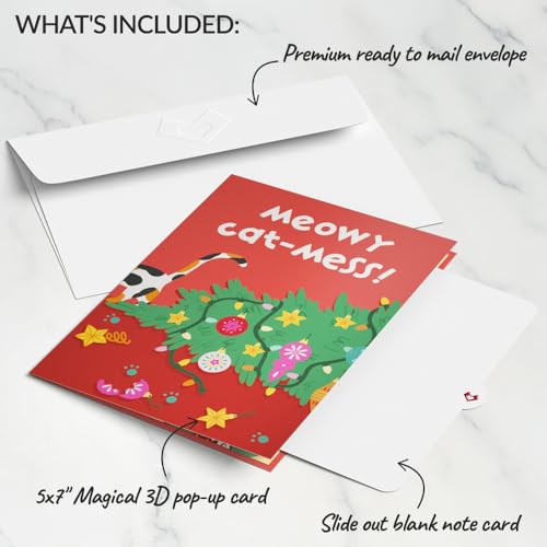 Meowy Cat-mess Christmas Pop-Up Card with Notecard & Envelope - Funny Feline Holiday Greeting