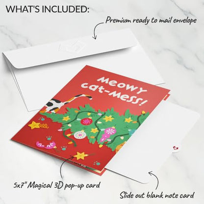 Meowy Cat-mess Christmas Pop-Up Card with Notecard & Envelope - Funny Feline Holiday Greeting