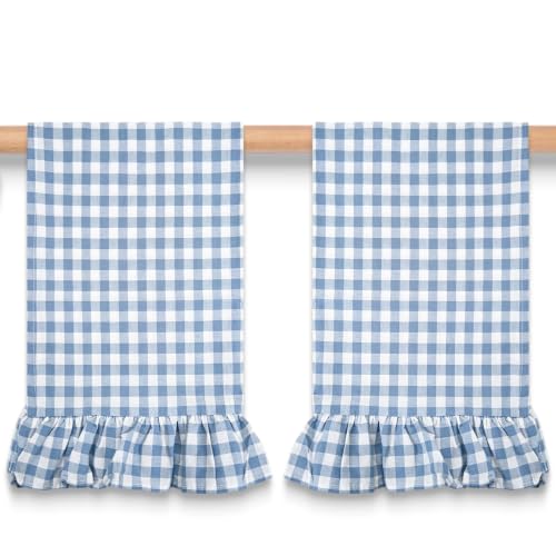 Gingham Kitchen Towels 2-Pack Cotton Ruffled Dish Towels 18x28 Inches - Blue