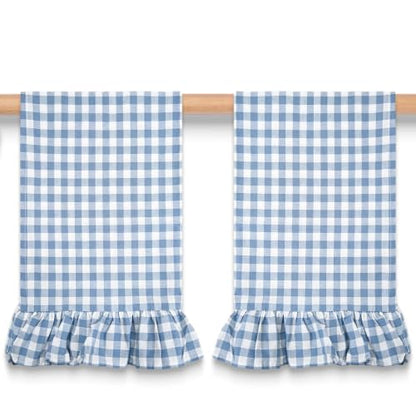 Gingham Kitchen Towels 2-Pack Cotton Ruffled Dish Towels 18x28 Inches - Blue