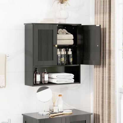 Bathroom Wall Cabinet Over Toilet - Black Fluted Medicine Cabinet with Adjustable Shelves