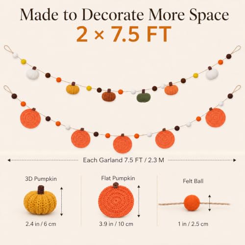 Fall Pumpkin Garland Set - 2 Pack 7.5 Ft Rustic Autumn Decor for Mantel and Wall