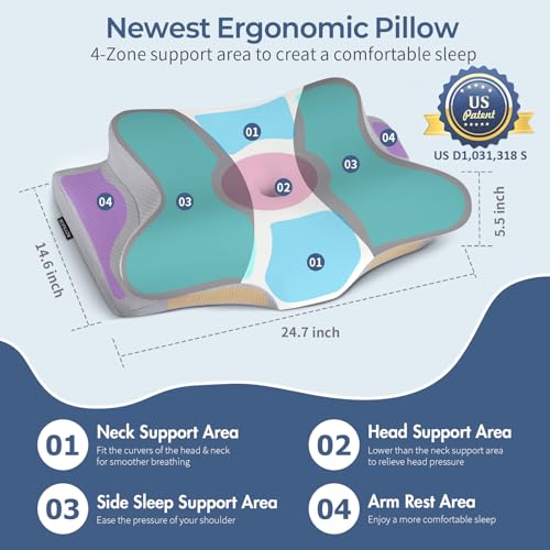 Cervical Support Pillow for Neck Pain Relief - Grey & White, Ergonomic Memory Foam