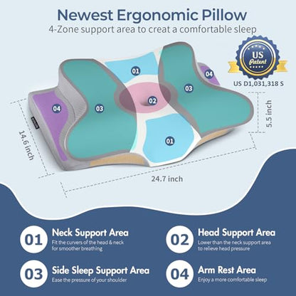 Cervical Support Pillow for Neck Pain Relief - Grey & White, Ergonomic Memory Foam