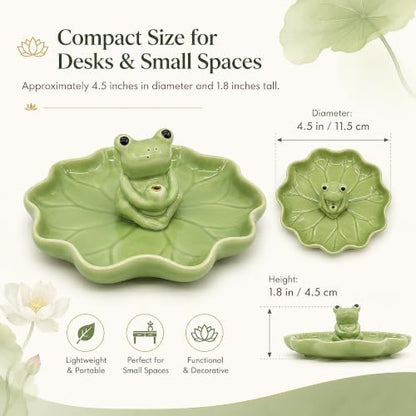 Ceramic Frog and Lotus Incense Holder for Sticks, Ash Catcher Decor
