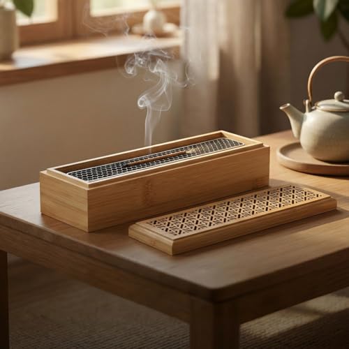 Wooden Incense Holder Burner with Double Layer Ash Catcher and Storage Drawer