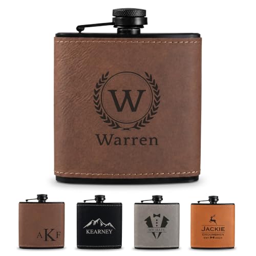 Personalized Leather Hip Flask 6 oz Engraved Groomsmen Gift - Coffee Variant