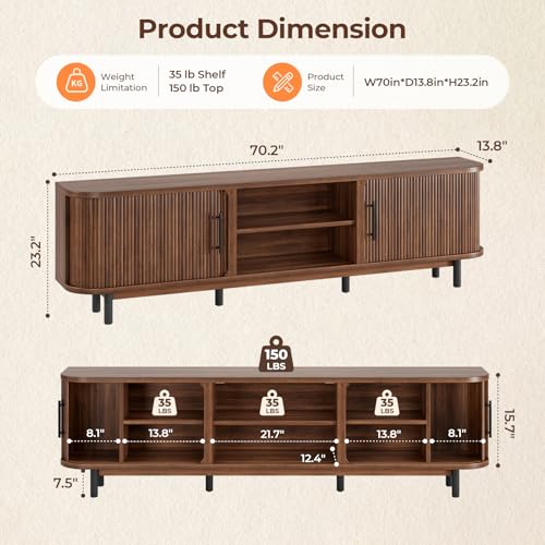 Walnut 70-Inch TV Stand for Up to 75-Inch TVs with Sliding Doors & Cable Management