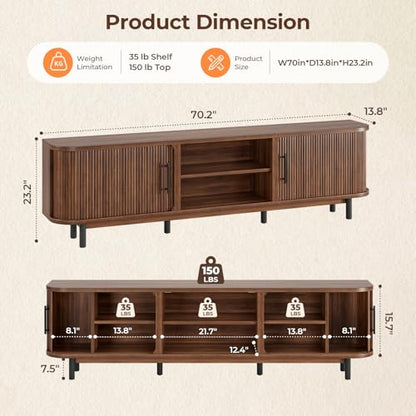 Walnut 70-Inch TV Stand for Up to 75-Inch TVs with Sliding Doors & Cable Management