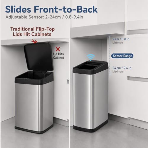 ELLO&ALLO 13 Gallon Touchless Motion Sensor Trash Can - Brushed Stainless Steel, Large, Rolling Lid