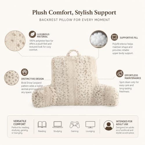 Snow Leopard Faux Fur Backrest Pillow with Armrests for Adults
