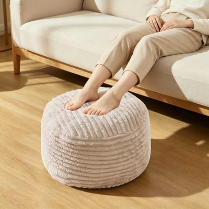 Kisoy 20in Round Faux Fur Floor Pouf Ottoman - Ivory, Soft & Supportive