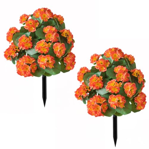 Artificial Geranium Flowers with Ground Stakes - UV Resistant Outdoor & Indoor Decor - 2 Pack