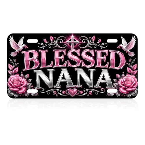 Blessed Nana Aluminum License Plate Pink Rose Cross Dove Decor - 6x12 Inches