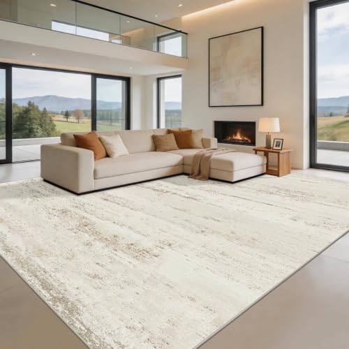 Washable 8x10 Area Rug for Living Room & Bedroom - Beige Ivory Brown Pink