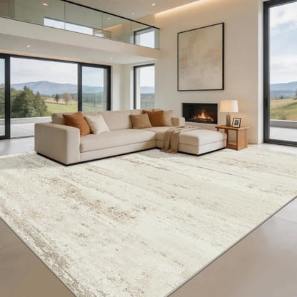 Washable 8x10 Area Rug for Living Room & Bedroom - Beige Ivory Brown Pink