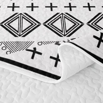 White Black Boho Geometric Quilt Set Twin with Pillowcase - Modern Bedding