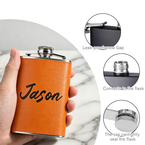 Custom Leather 8oz Flask with Photo Logo - Black