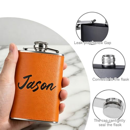 Custom Leather 8oz Flask with Photo Logo - Black