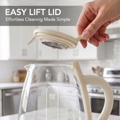 Electric Kettle 1L Glass Water Boiler - Cream, Fast Boil, 1500W