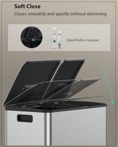 Silver Dual Trash and Recycling Bins for Kitchen 13+8 Gallon - Large Capacity
