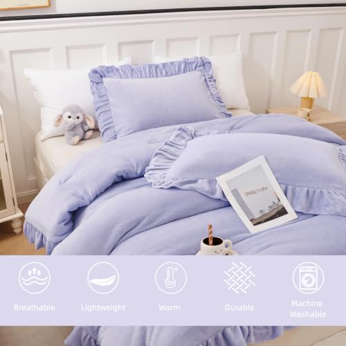 Purple Full Size Fluffy Faux Fur Comforter Set for Girls - Lavender Bedding with Ruffled Edges