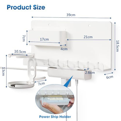 No Drill White Floating Wall Shelf with Organizer for Phones & Tablets