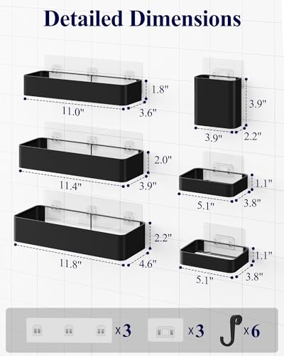 Kitsure Large Shower Caddy - 6 Pack Adhesive Bathroom Shelves Black