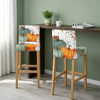 White Green Orange Fall Bar Stool Covers Set of 4 with Back, Thanksgiving Pumpkin Decor