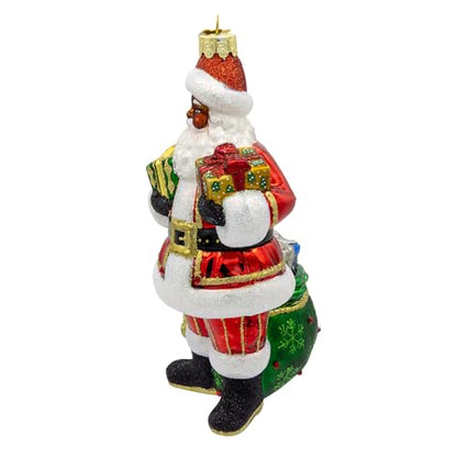 7-Inch Glass African American Santa Ornament - Holiday Christmas Decor