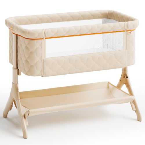 Pamo Babe Bedside Bassinet for Baby - 3-in-1 Foldable Travel Crib with Wheels, Adjustable Height, Storage Bag - Beige