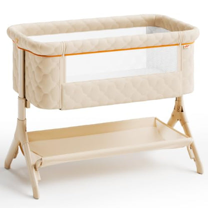 Pamo Babe Bedside Bassinet for Baby - 3-in-1 Foldable Travel Crib with Wheels, Adjustable Height, Storage Bag - Beige