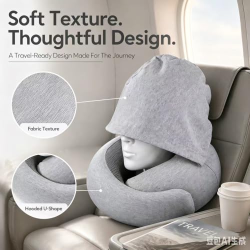 Travel Neck Pillow with Hood Memory Foam Support Washable Cover Storage Bag