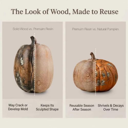 Faux Wood Grain Resin Pumpkins Set of 2 Fall Decor for Thanksgiving