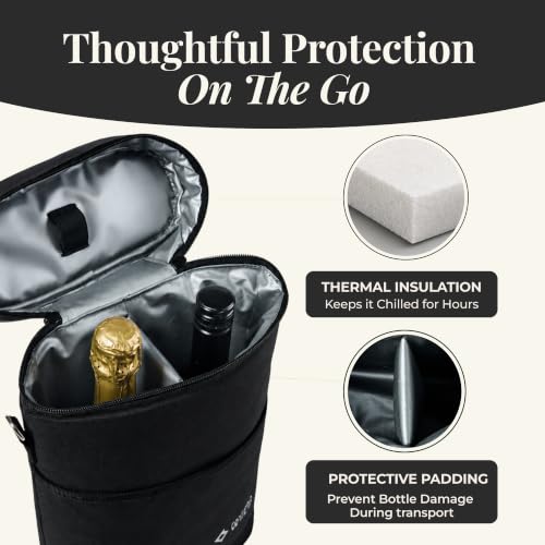 Insulated Wine Cooler Bag with 2 Adjustable Sleeves - Black